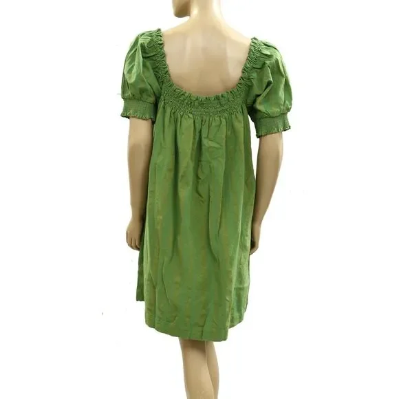Free People Est Mila Mini Dress Smocked Puff Sleeve Shift Grasshopper L 285433 - Picture 5 of 8